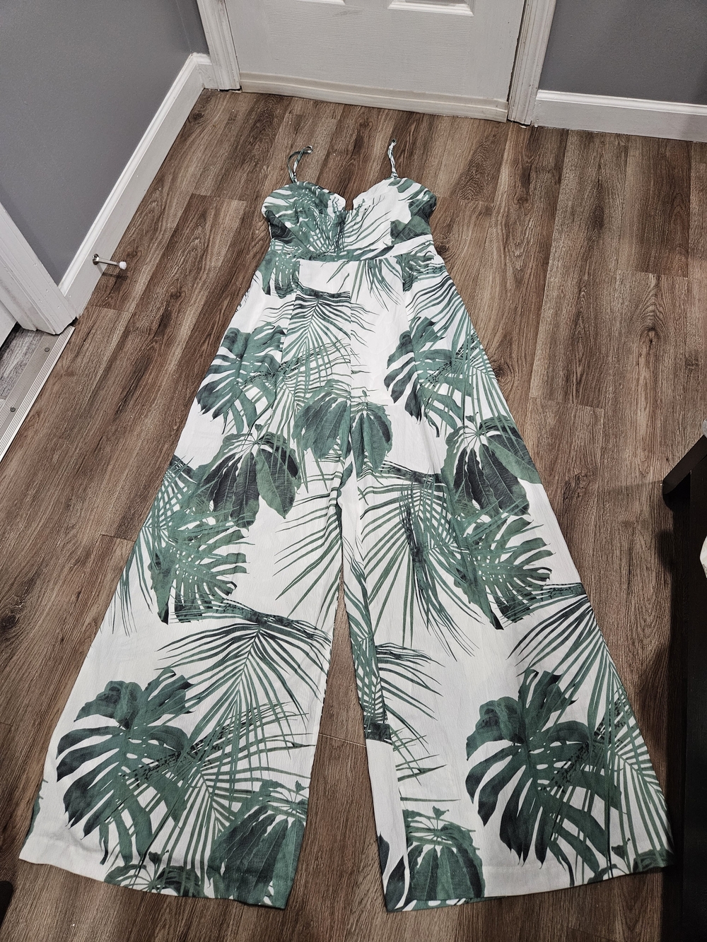 Fashion Nova White Jumpsuit with Green Palm Print